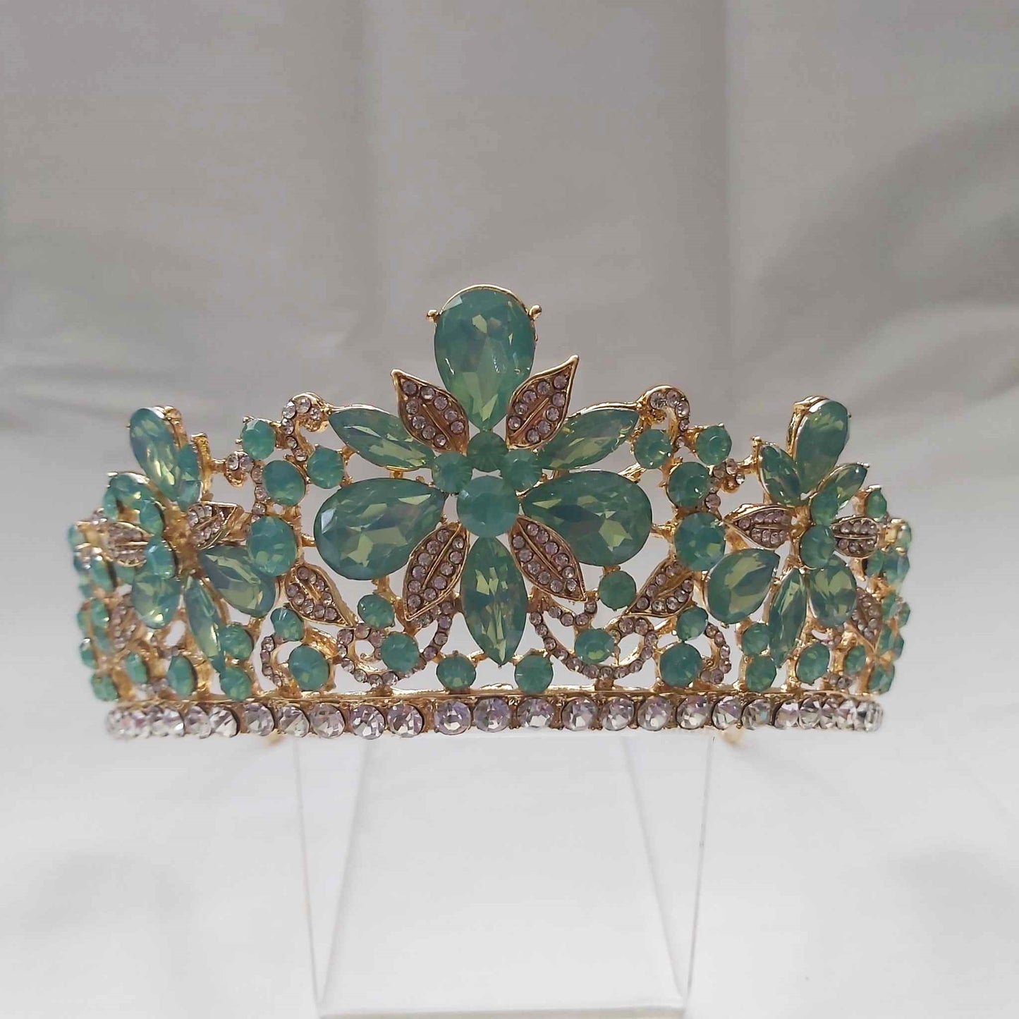 Green Rhinestones Crown Tiara Baroque (CR37)