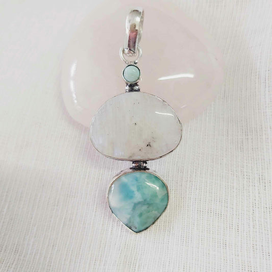 Moonstone & Larimar Gemstone Crystal Pendant (E1790)