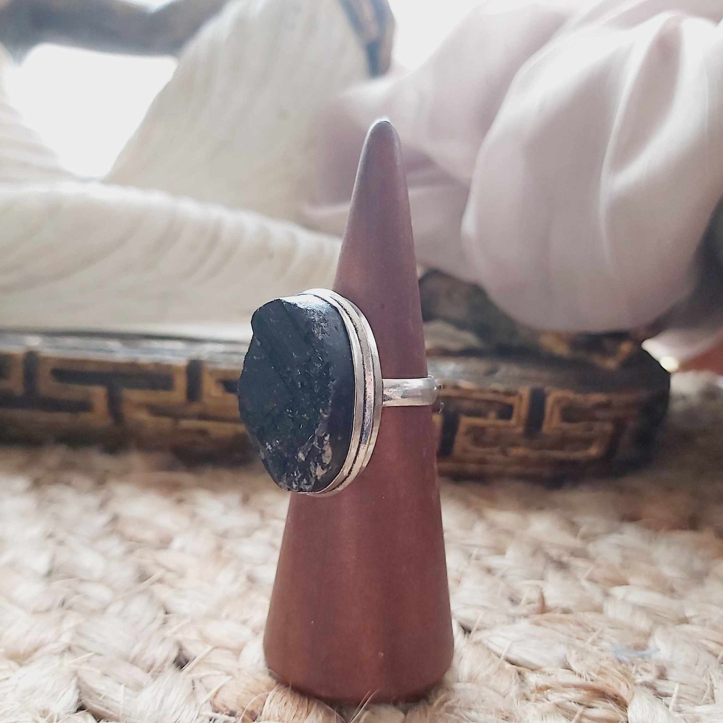 Black Tourmaline Psychic Protection Ring US 7.5 (E2476)