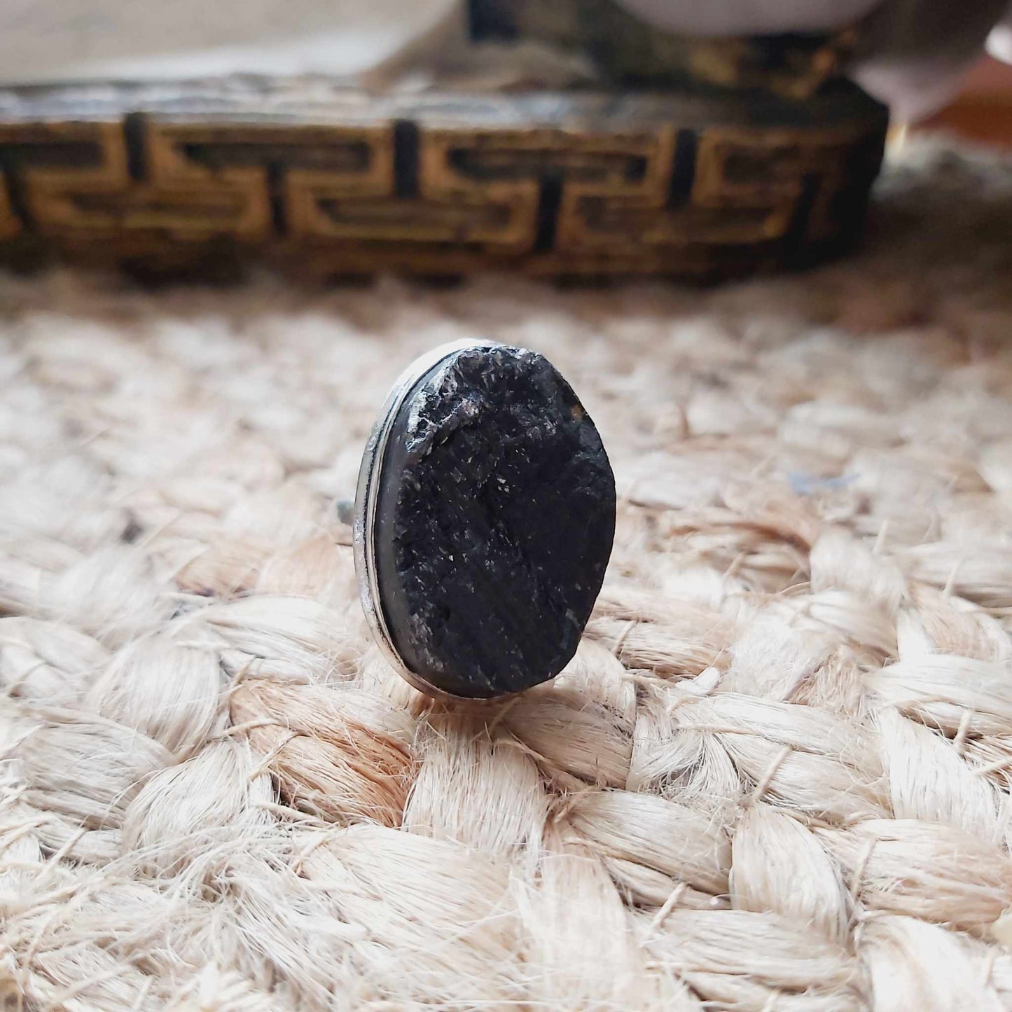 Black Tourmaline Psychic Protection Ring US 7.5 (E2476)