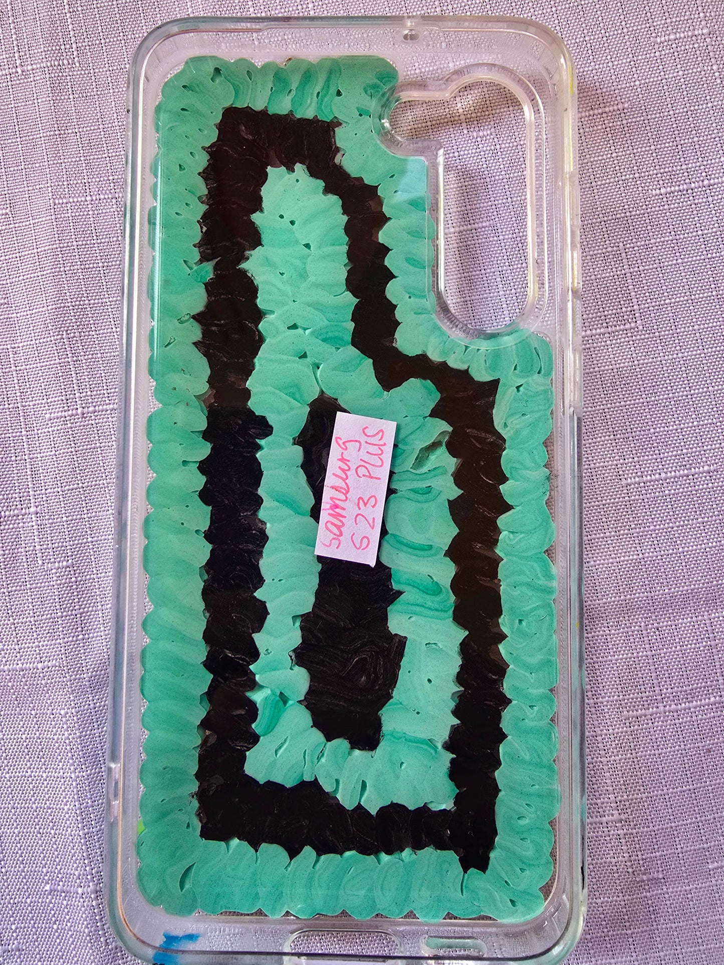 Handmade horror and witchy-themed Samsung S23 Plus phone case in green, red, and black