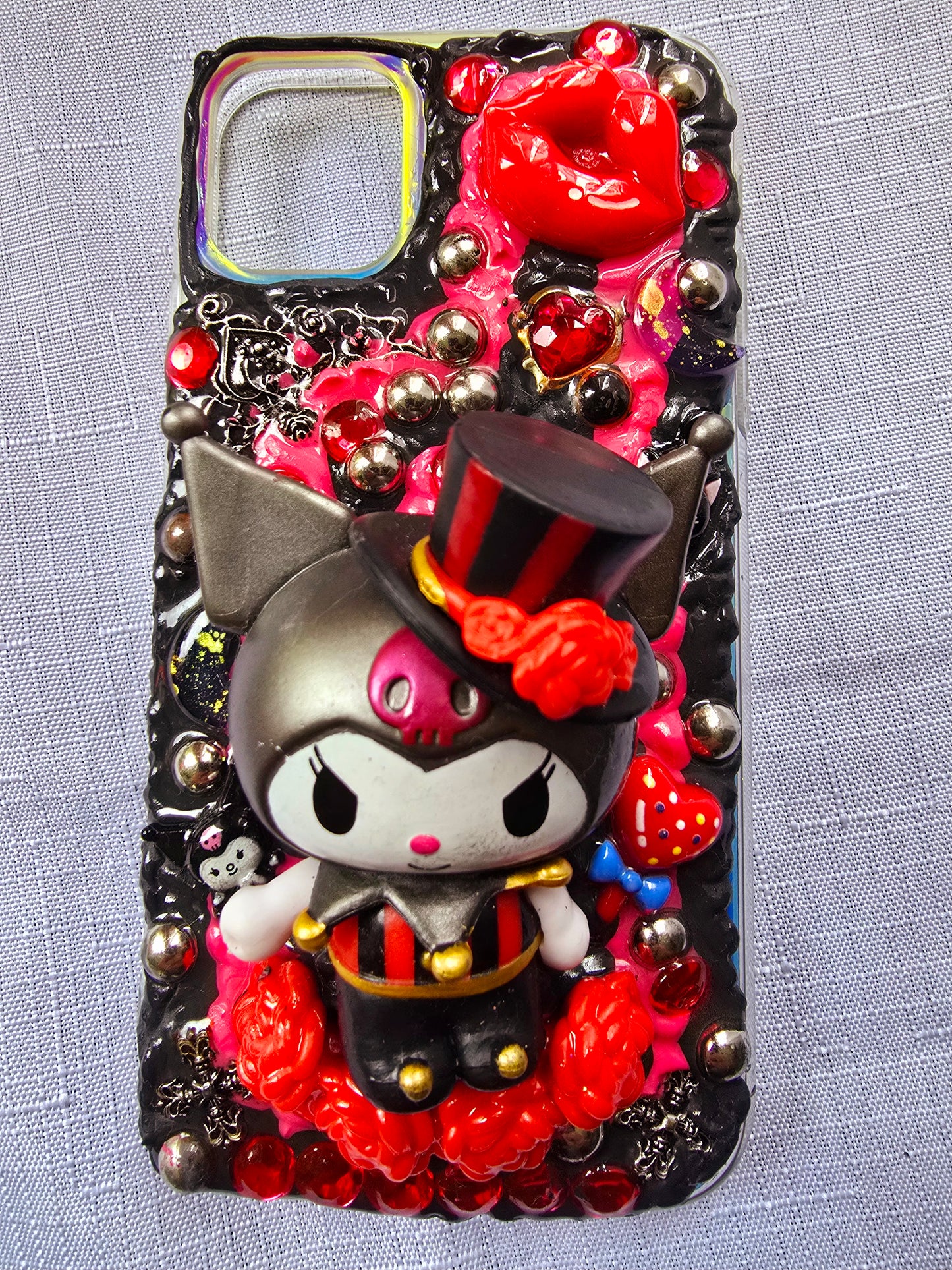 Handmade iPhone 11 phone case inspired by Kuromi in red and black colors – cute, edgy, and perfect for Sanrio fans.