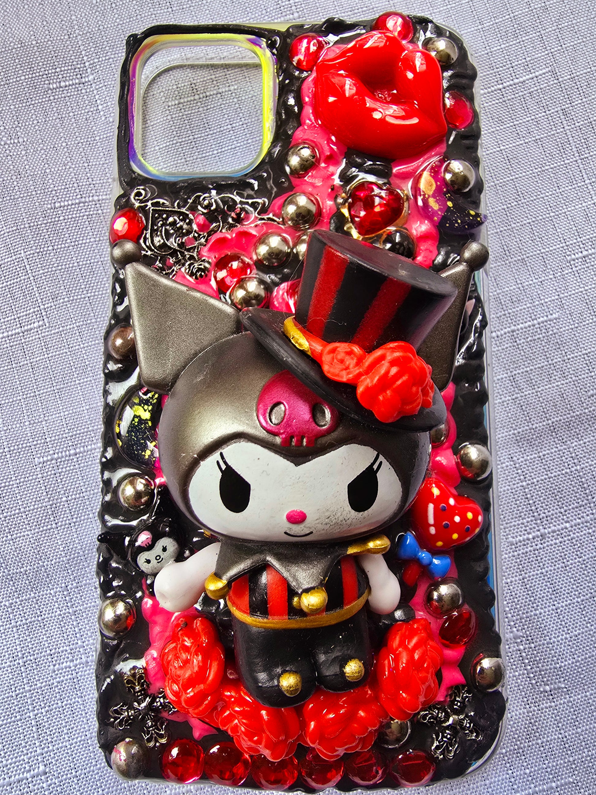 Handmade iPhone 11 phone case inspired by Kuromi in red and black colors – cute, edgy, and perfect for Sanrio fans.