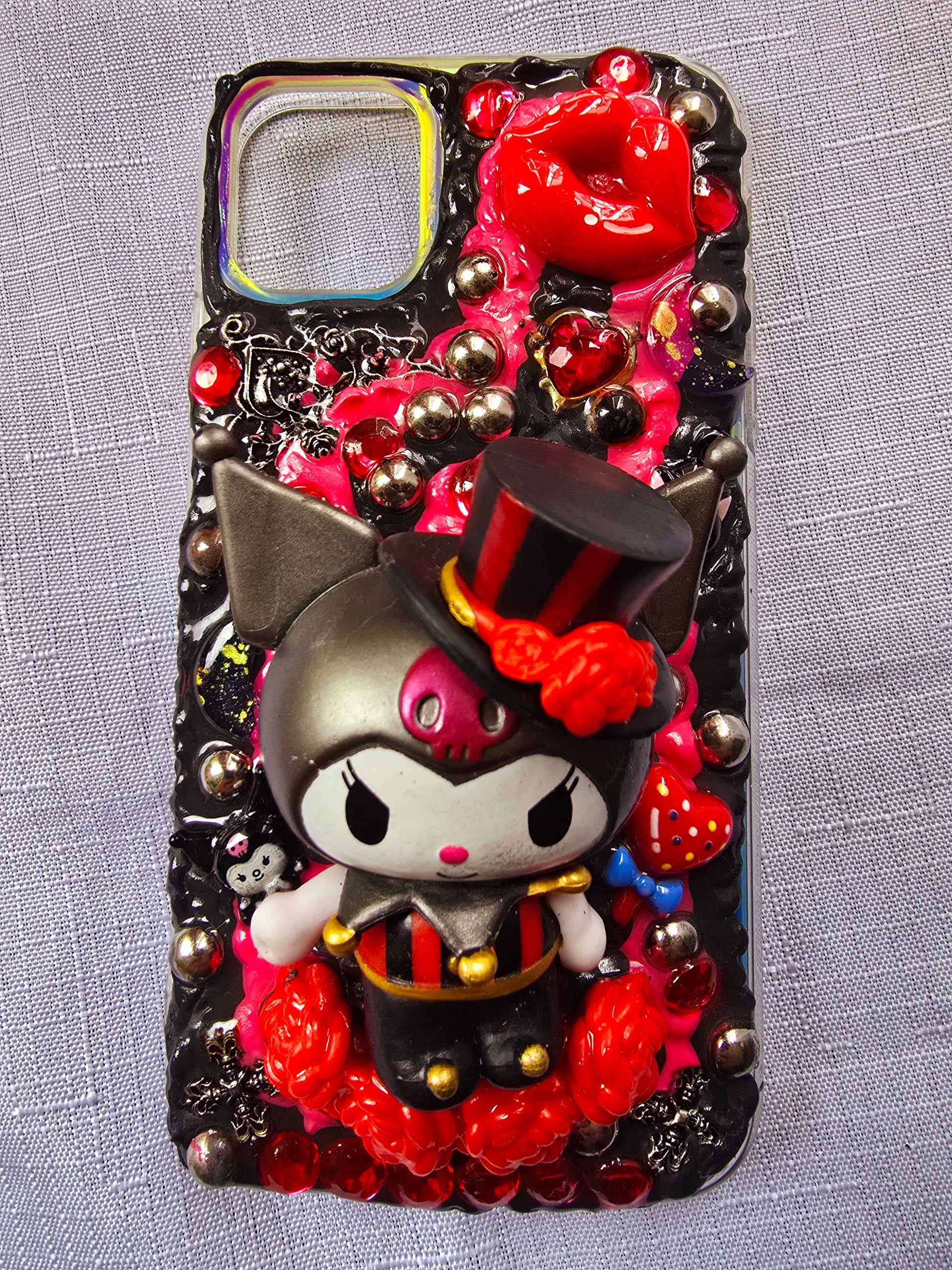 Handmade iPhone 11 phone case inspired by Kuromi in red and black colors – cute, edgy, and perfect for Sanrio fans.