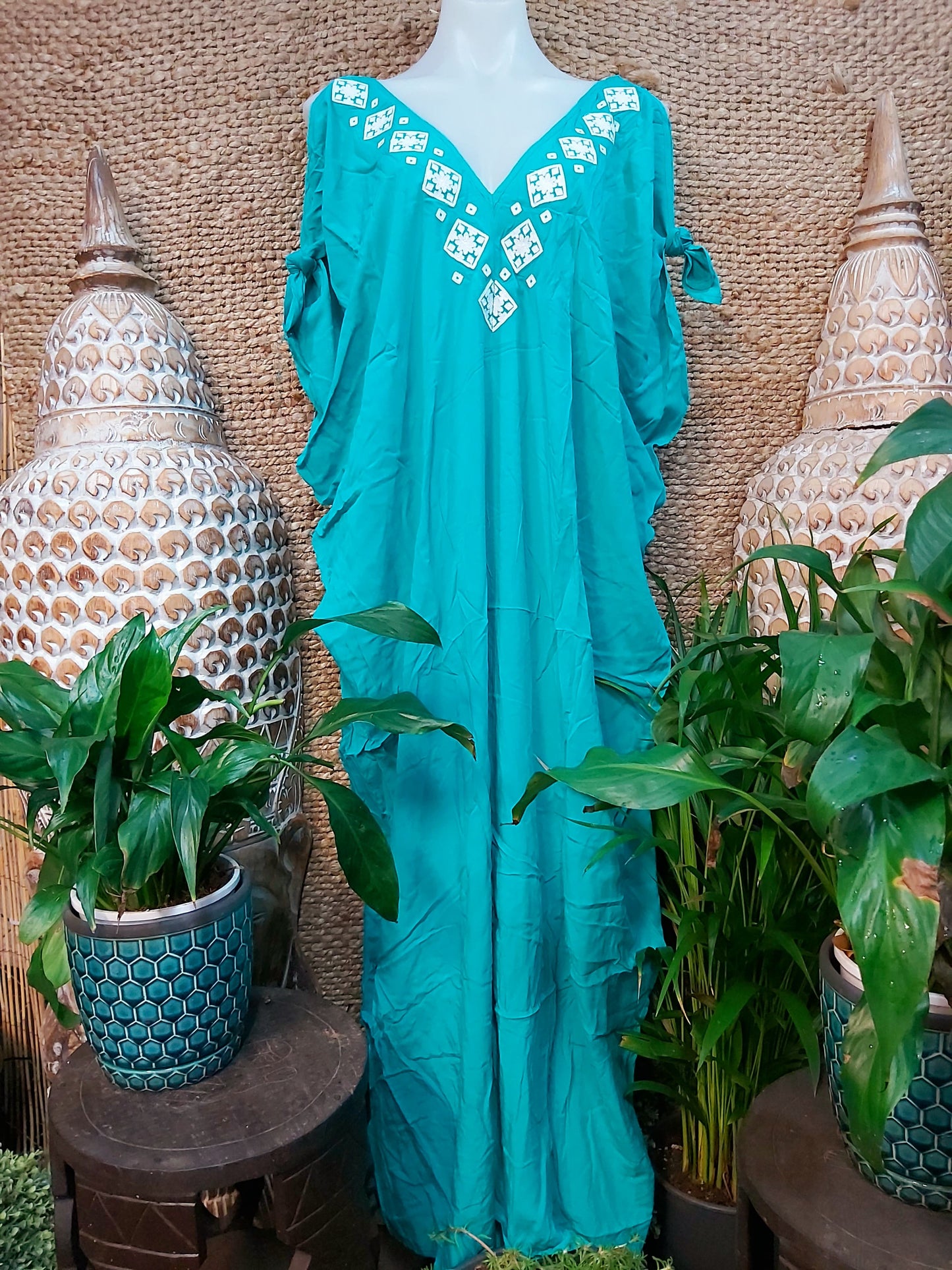 Green Turquoise Cold Shoulder Relax Fit Bohemian Kaftan One Size 16 to 20
