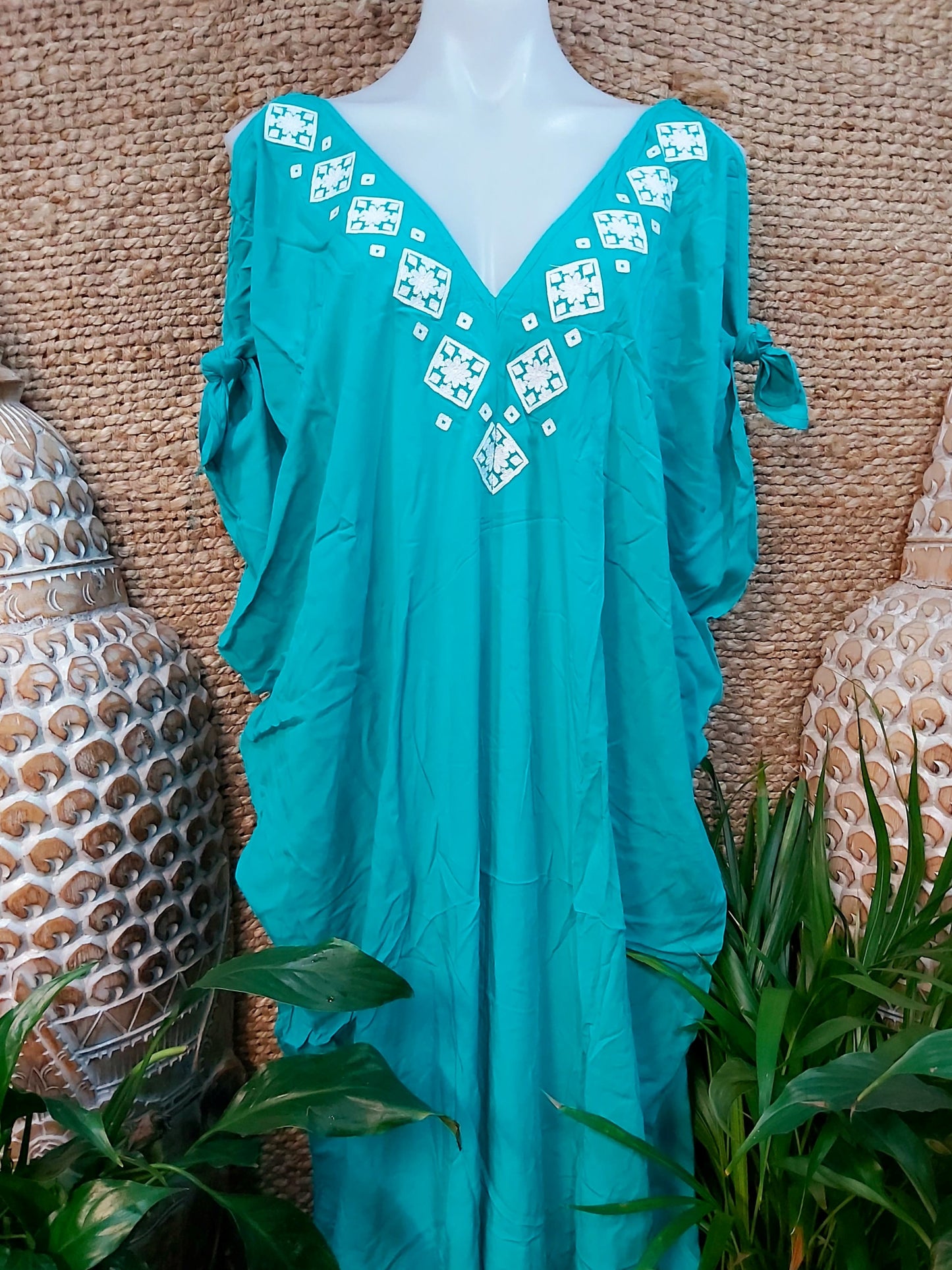 Green Turquoise Cold Shoulder Relax Fit Bohemian Kaftan One Size 16 to 20