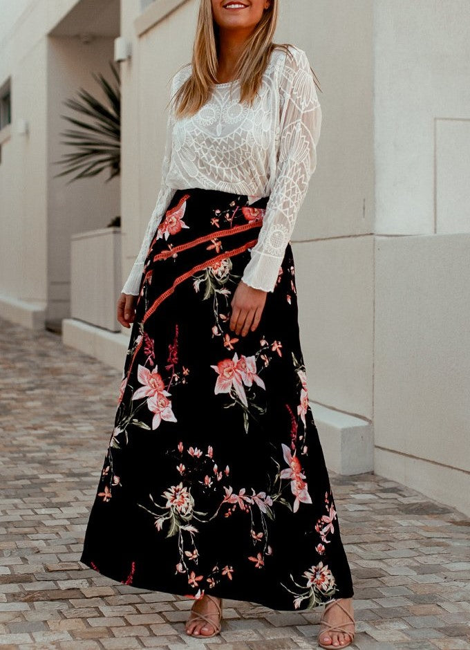 Bohemian Relaxed Navy Blue Floral Long Maxi Skirt