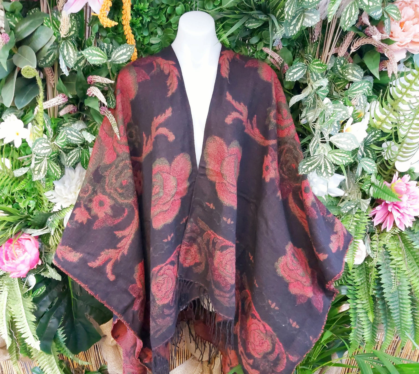 Floral Tassel Wool & Acrylic Cape One Size 16 to 20