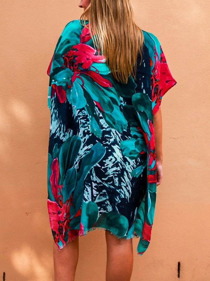 Relax Fit Floral Long Kimono/Cape Jacket Cotton Blend OSFA 14-16-18-20