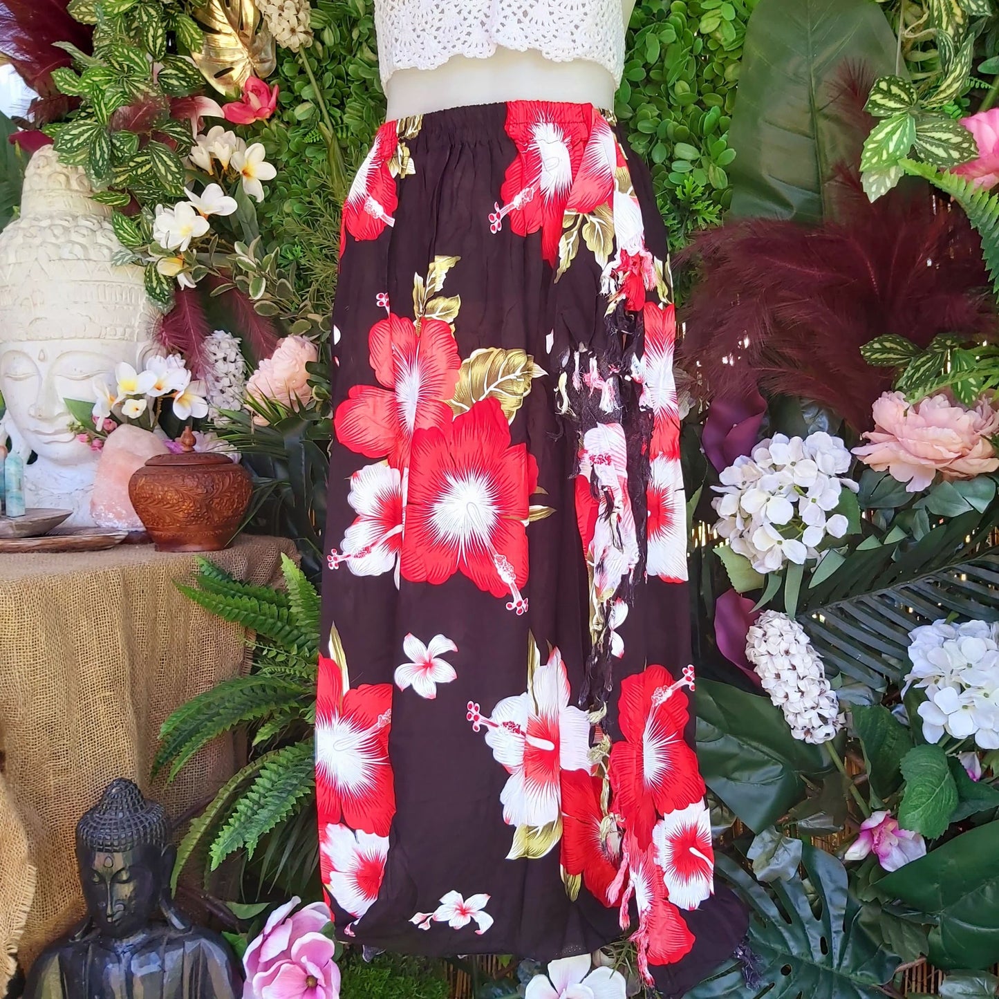 Polynesian Floral Long Red Sarong Maxi Skirt Size 12-14
