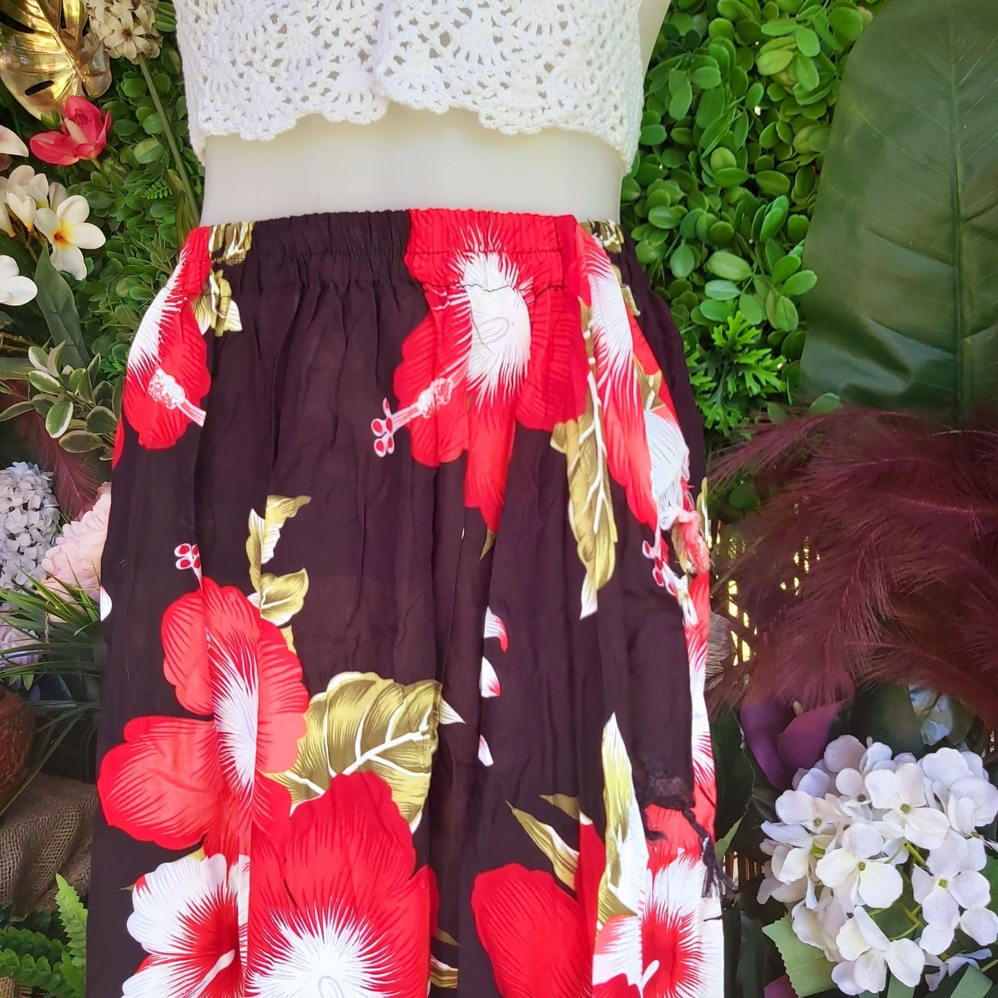 Polynesian Floral Long Red Sarong Maxi Skirt Size 12-14