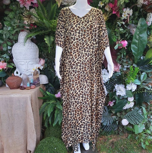 Oversized Rayon Leopard Kaftan Dress One Size Fits All 16 to 26