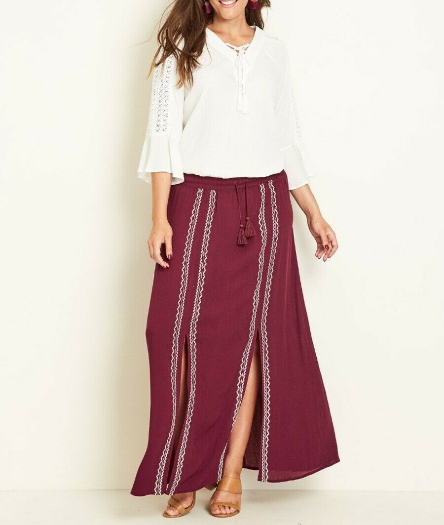 Crossroads Burgundy (Wine) Bohemian Hem Split Maxi Skirt