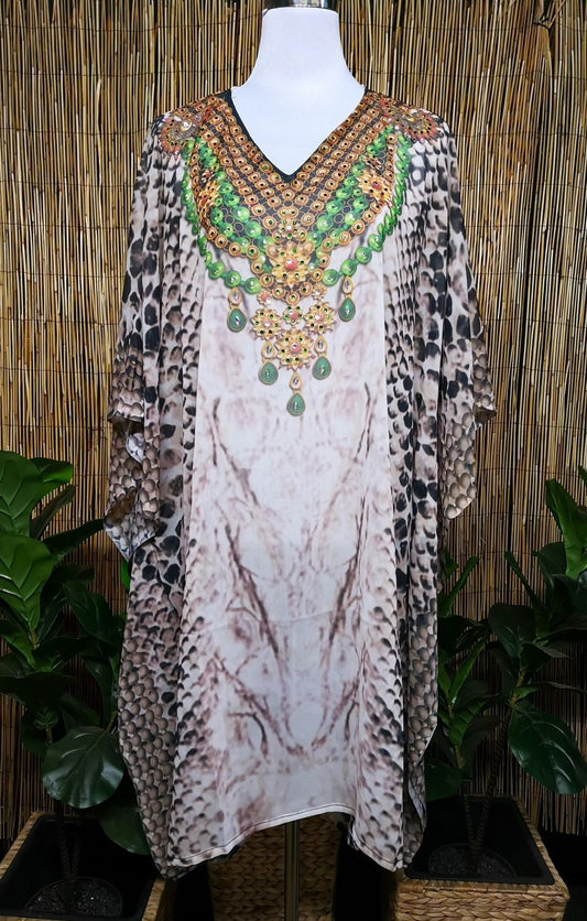 Plus Size Sheer Chiffon Embellished Kaftan Digital Printed One Size Fits All 16 to 24