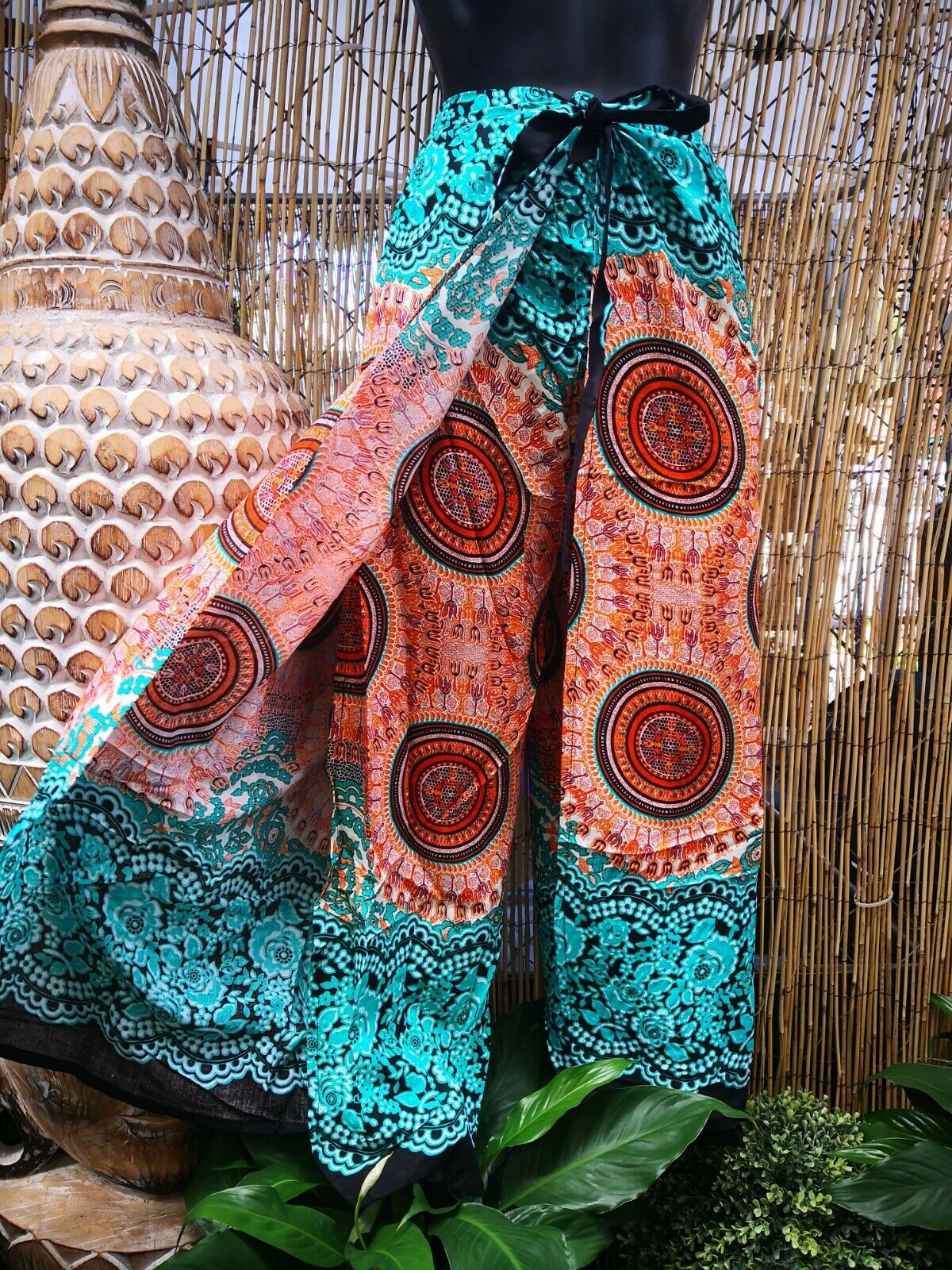 Teal Paisley Bohemian Slit Front Wide Leg Pants