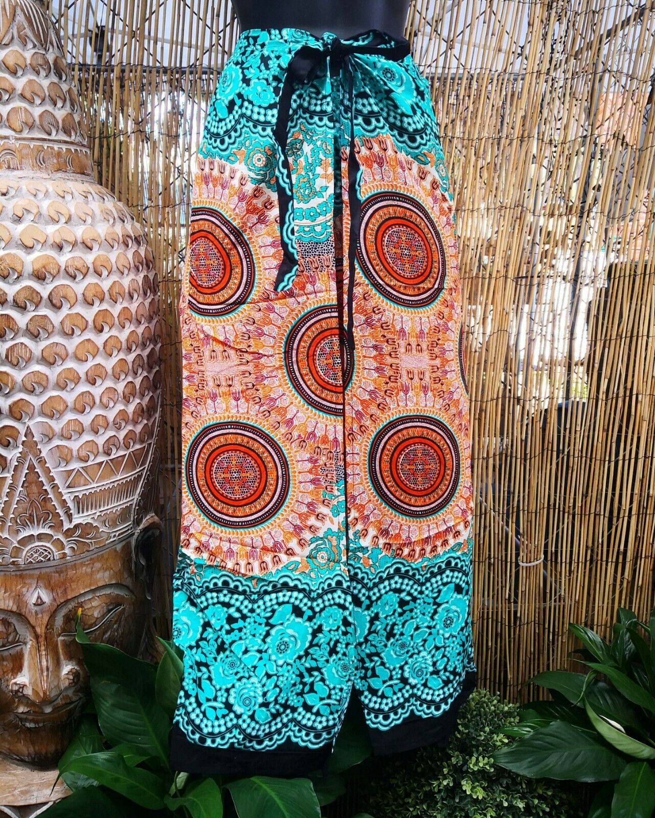 Teal Paisley Bohemian Slit Front Wide Leg Pants