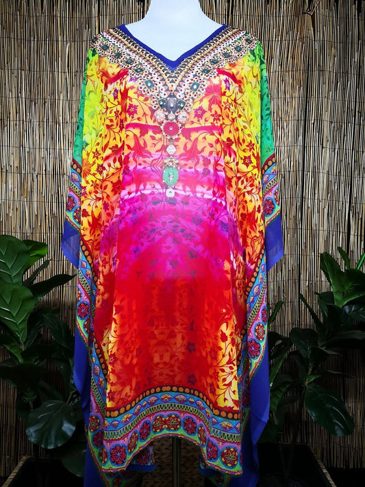 Plus Size Sheer Chiffon Embellished Kaftan Digital Printed One Size Fits All 18 to 26
