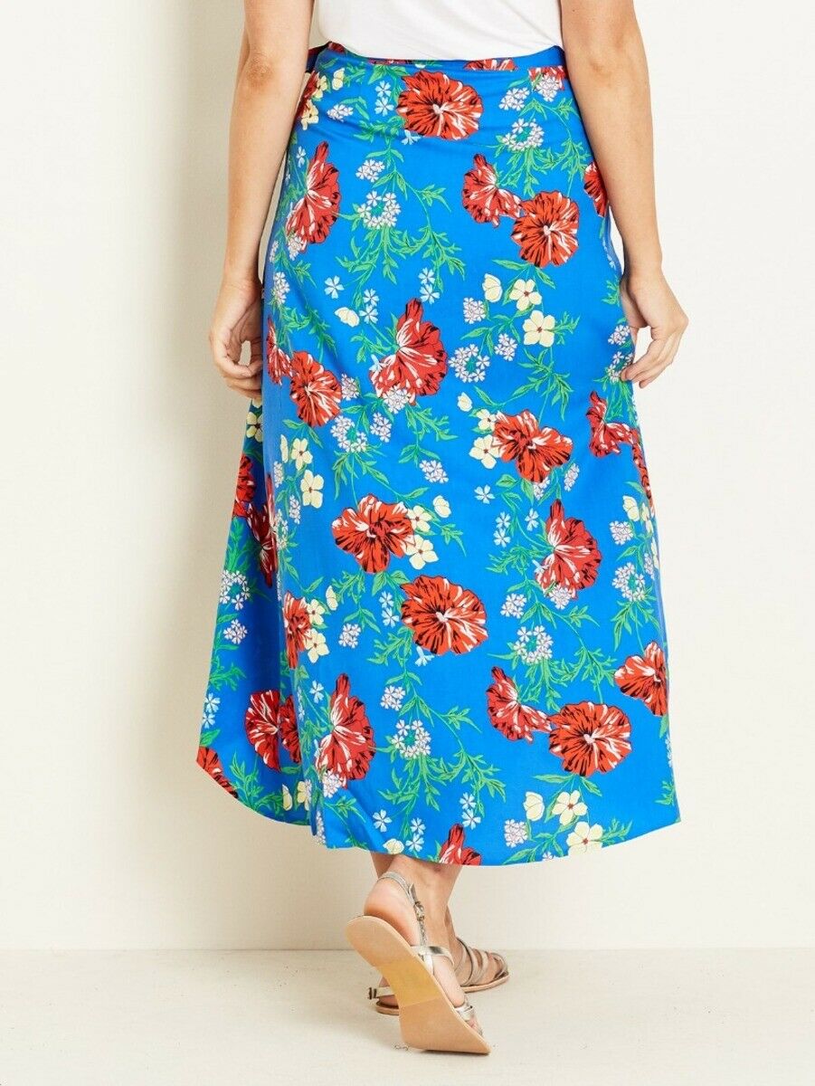 Crossroads Viscose Blue Polynesian Floral Wrap Maxi Skirt