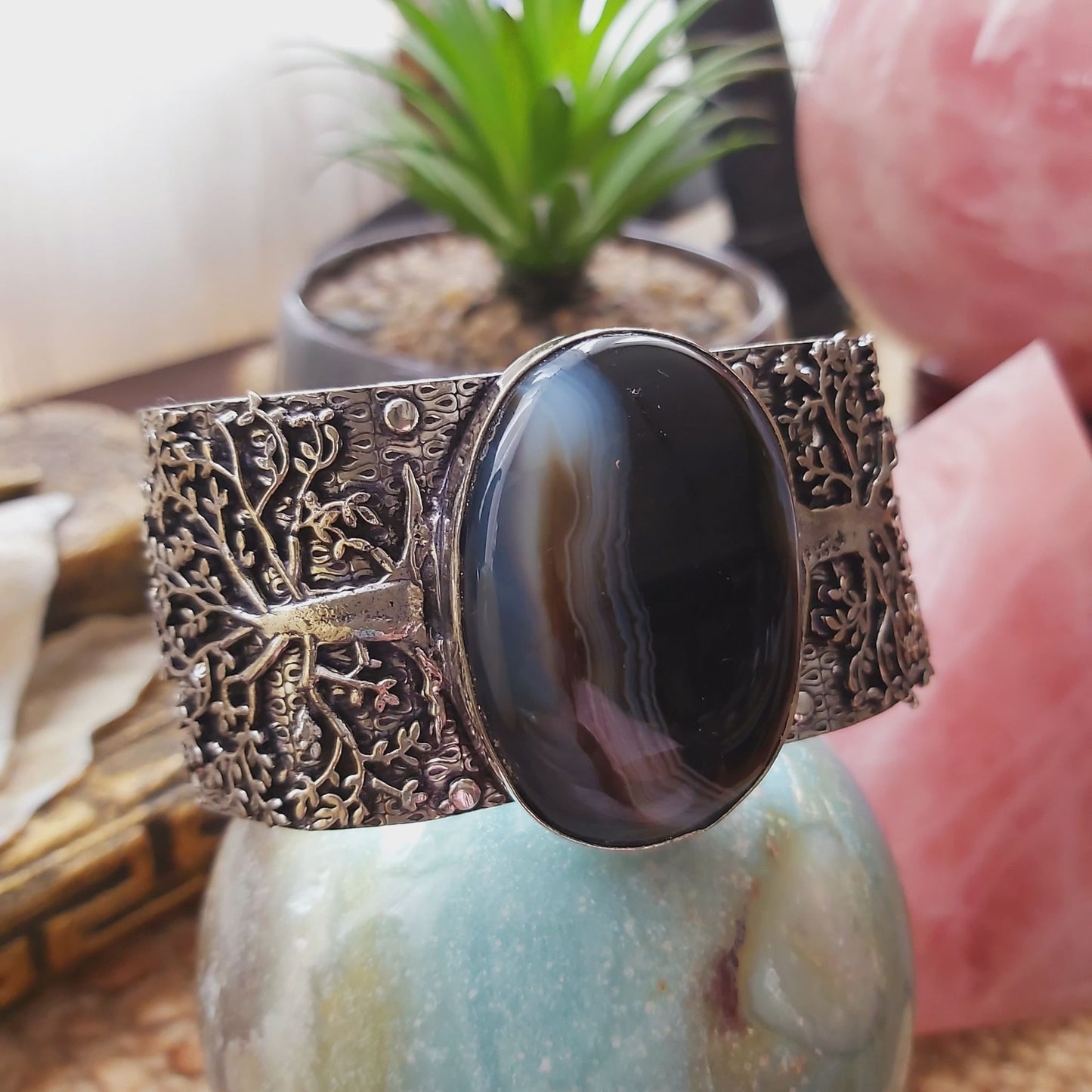 Black Lace Onyx Self-Confidence Bangle Bracelet (B164)
