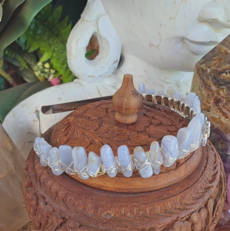 Blue Lace Agate Gemstone Crown Tiara Baroque Handmade (CR10)