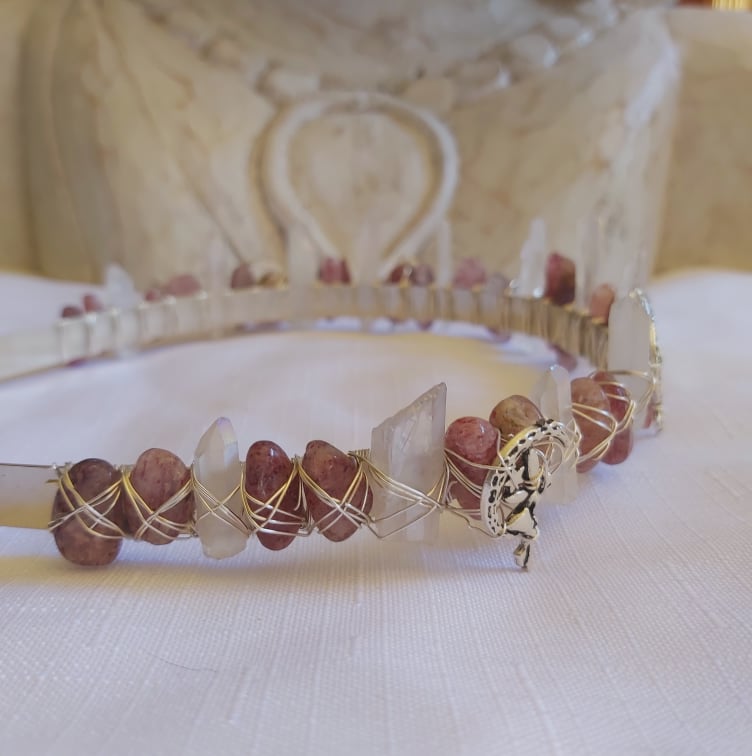 Strawberry & Aura Quartz Gemstone Crown Tiara Baroque Handmade (CR23)