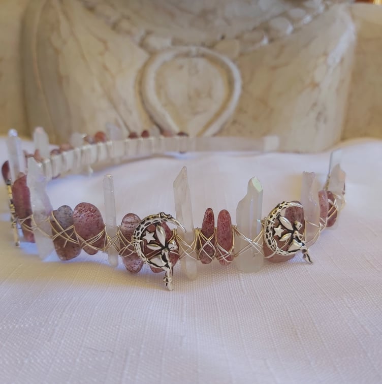 Strawberry & Aura Quartz Gemstone Crown Tiara Baroque Handmade (CR23)
