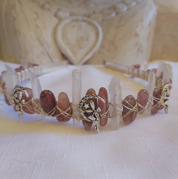 Strawberry & Aura Quartz Gemstone Crown Tiara Baroque Handmade (CR23)