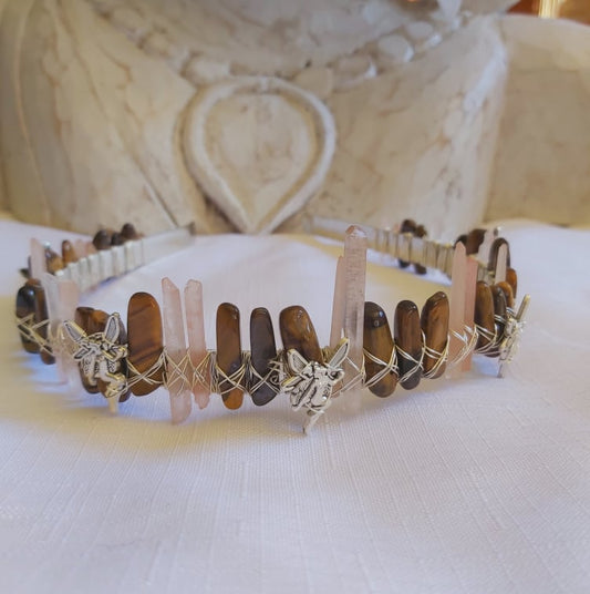Tiger Eye & Aura Quartz Gemstone Crown Tiara Baroque Handmade (CR24)
