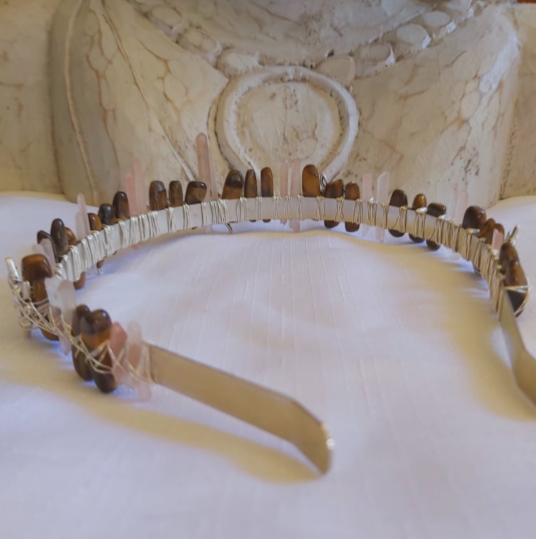 Tiger Eye & Aura Quartz Gemstone Crown Tiara Baroque Handmade (CR24)