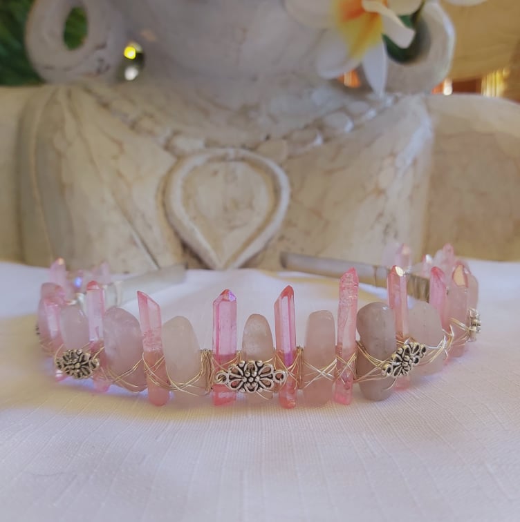 Rose & Aura Quartz Gemstone Crown Tiara Baroque Handmade (CR25)