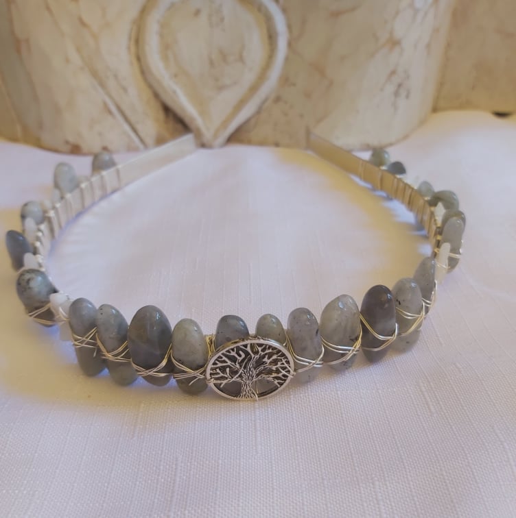 Labradorite & Moonstone Gemstone Crown Tiara Baroque Handmade (CR26)
