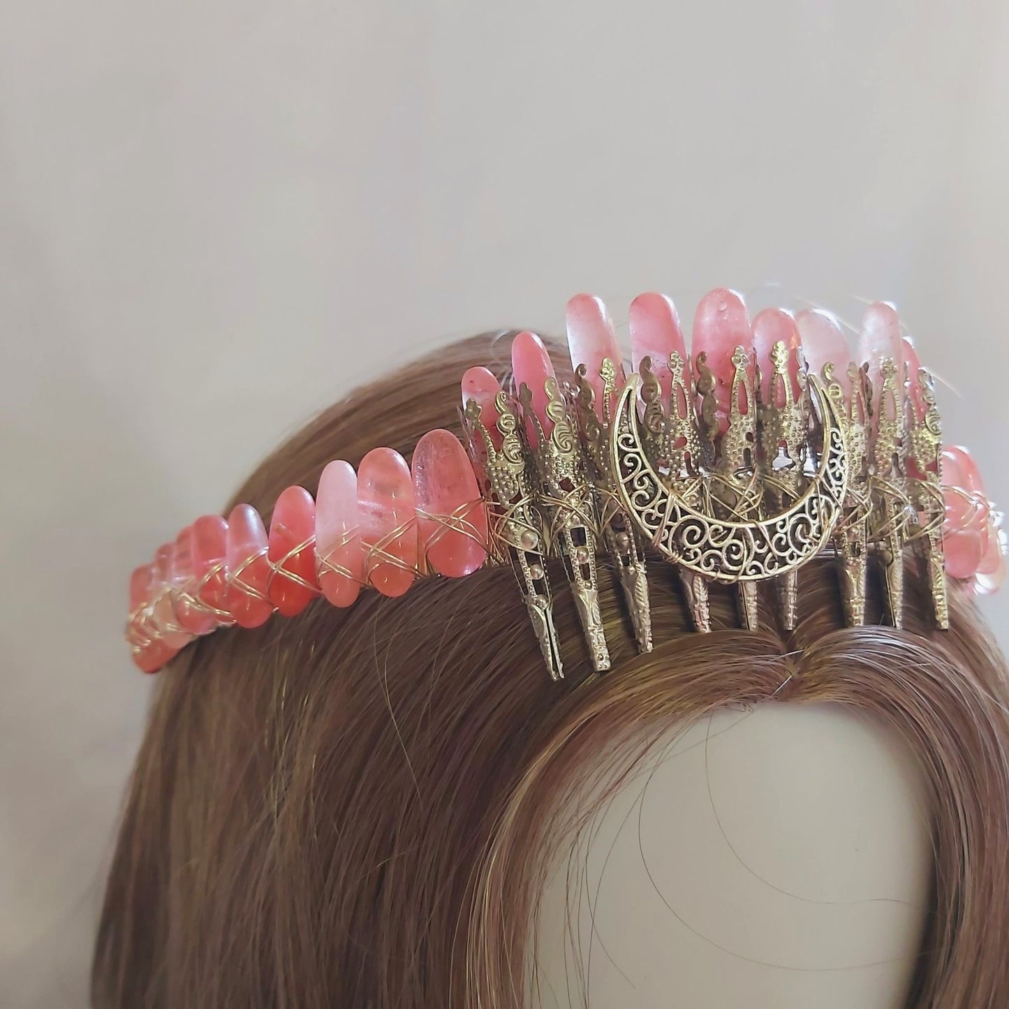 Watermelon Quartz Crystal Gemstone Crown Tiara Handmade (CR40)