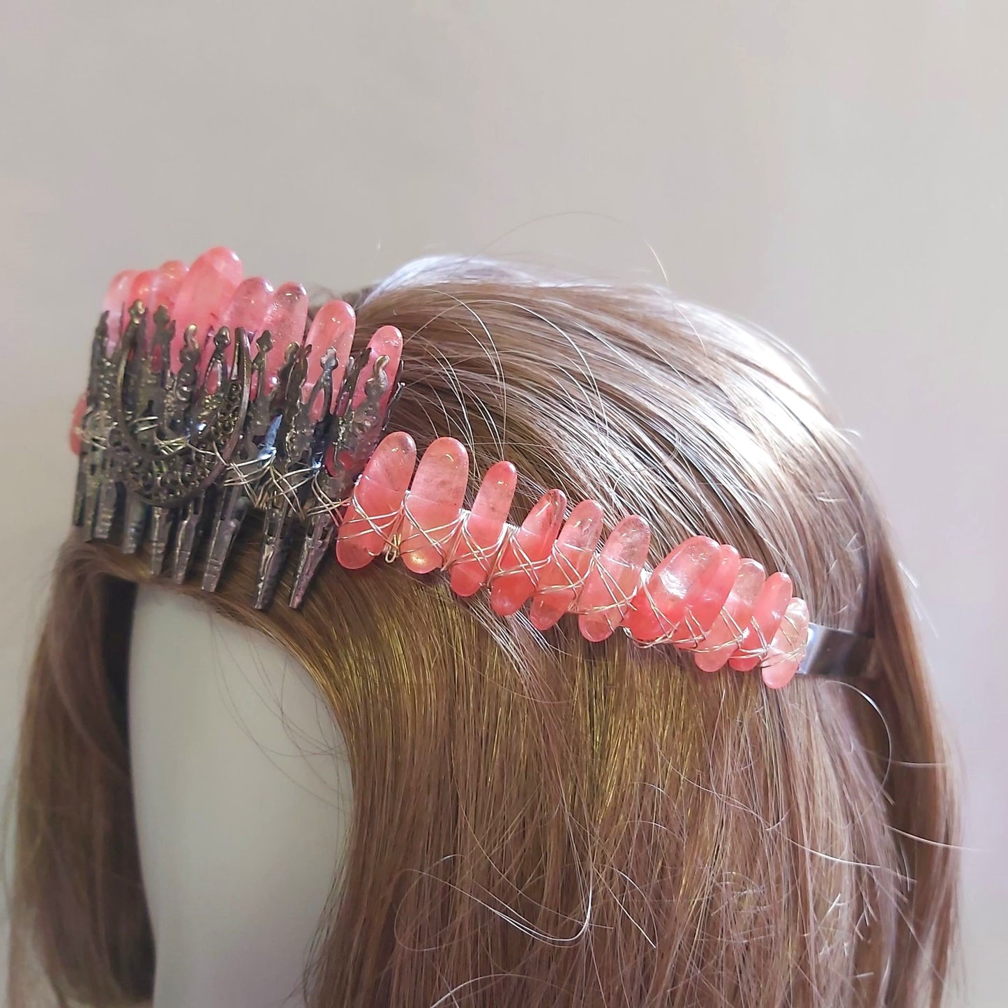 Watermelon Quartz Crystal Gemstone Crown Tiara Handmade (CR51)