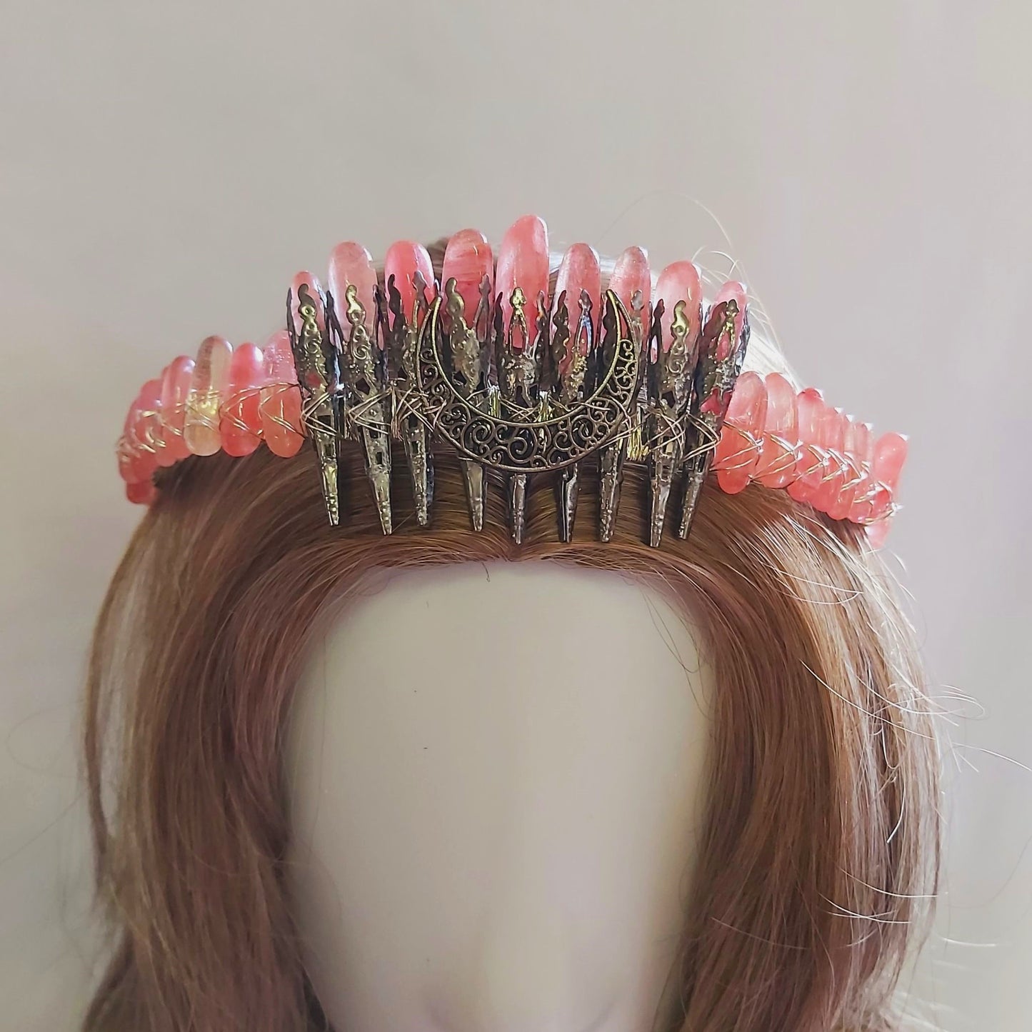 Watermelon Quartz Crystal Gemstone Crown Tiara Handmade (CR51)