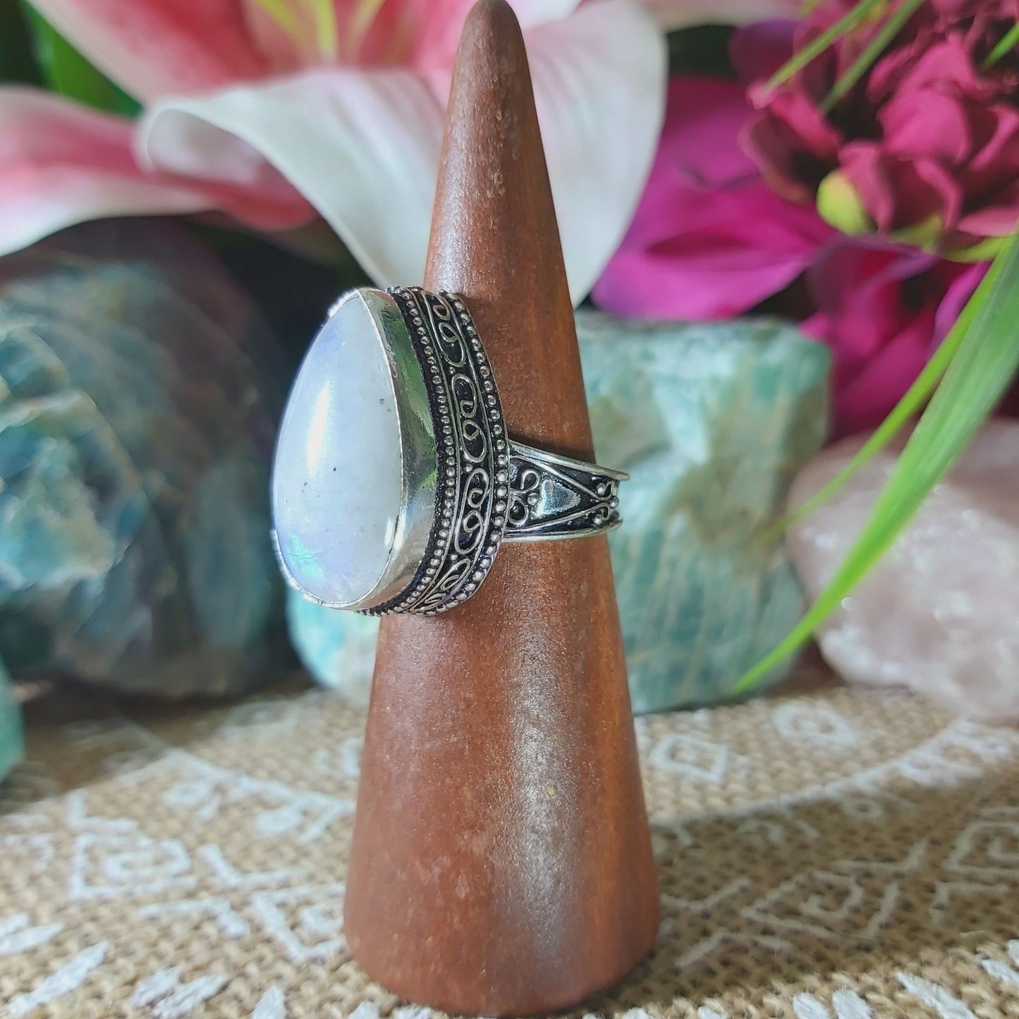 Rainbow Moonstone Ring Size US 8.5 (E1371)