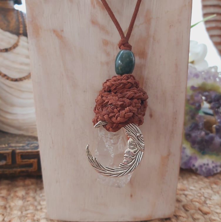 Handmade Long Clear Quartz Moon Pendant (E1506)