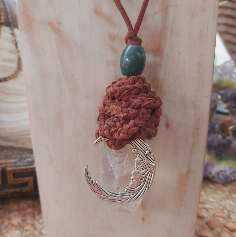Handmade Long Clear Quartz Moon Pendant (E1506)