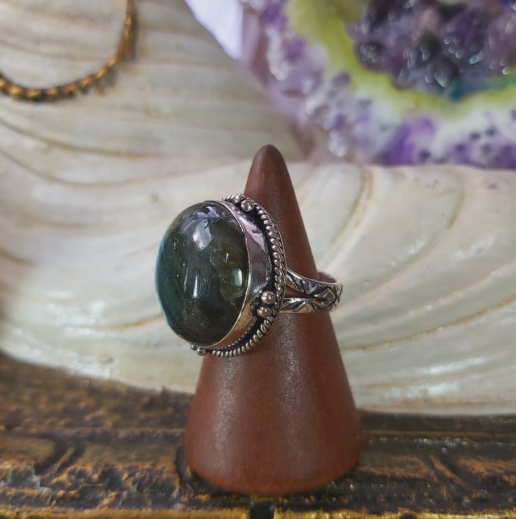 Labradorite Psychic Protection Gemstone Ring US 8 (E1557)