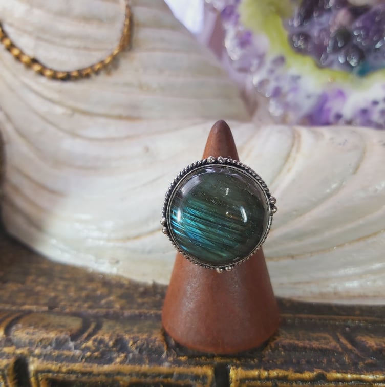 Labradorite Psychic Protection Gemstone Ring US 8 (E1557)