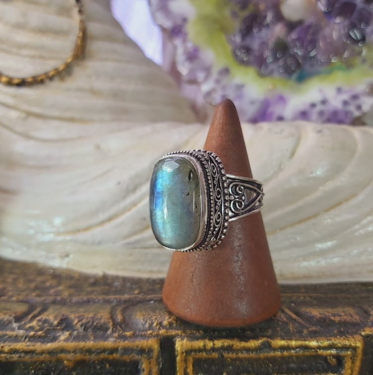 Labradorite Psychic Protection Gemstone Ring US 9 (E1563)