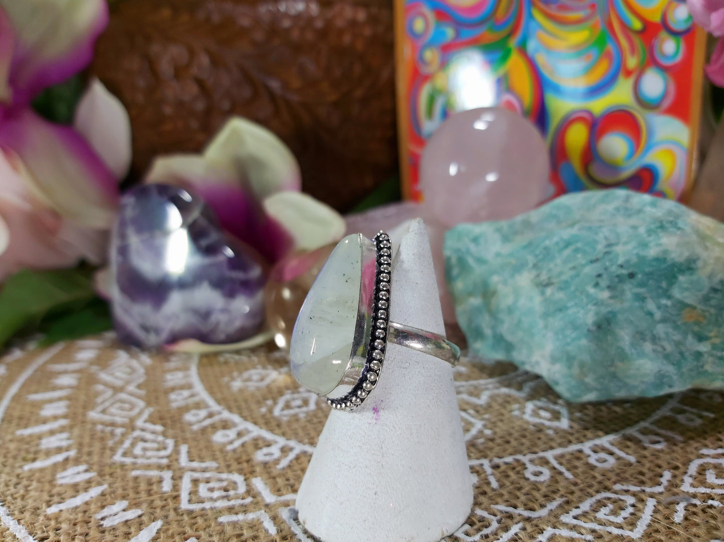 Rainbow Moonstone Compassion Ring Size US 7.5 (E445)