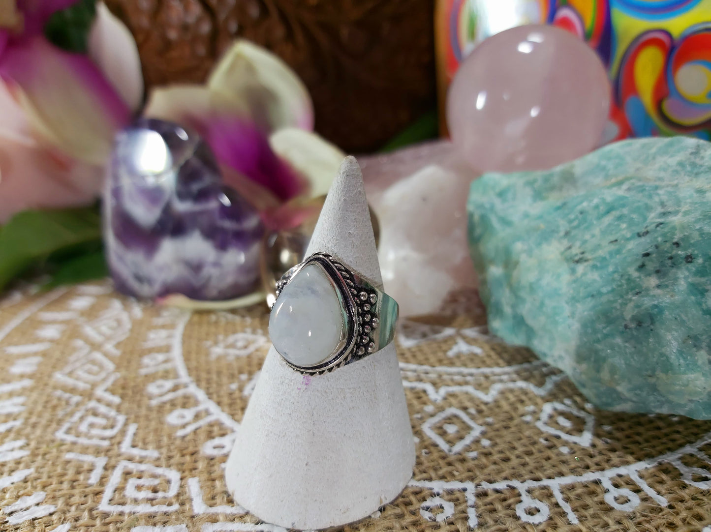 Rainbow Moonstone Ring Size US 8 (E448)