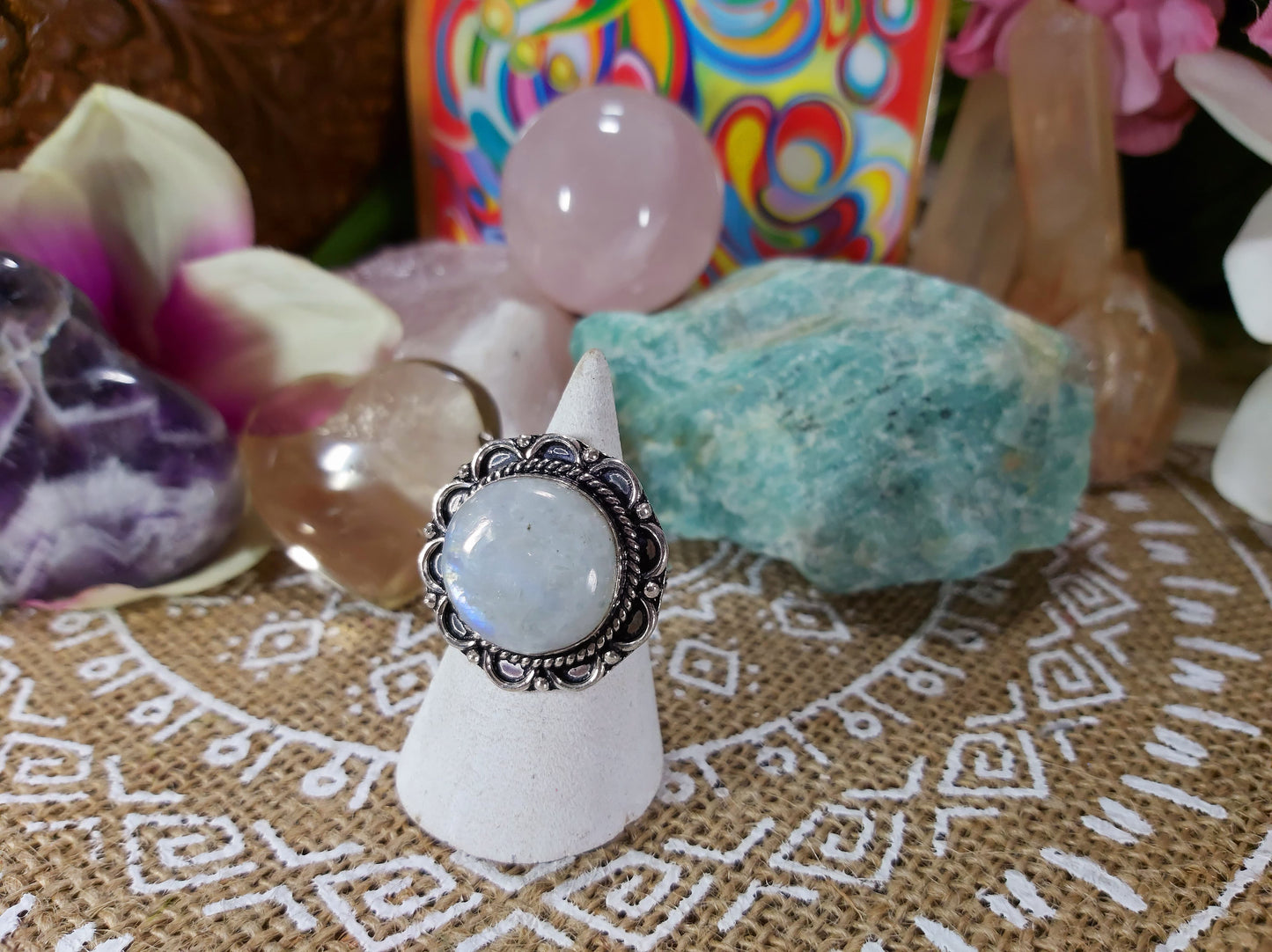 Rainbow Moonstone Ring Size US 8.5 (E450)