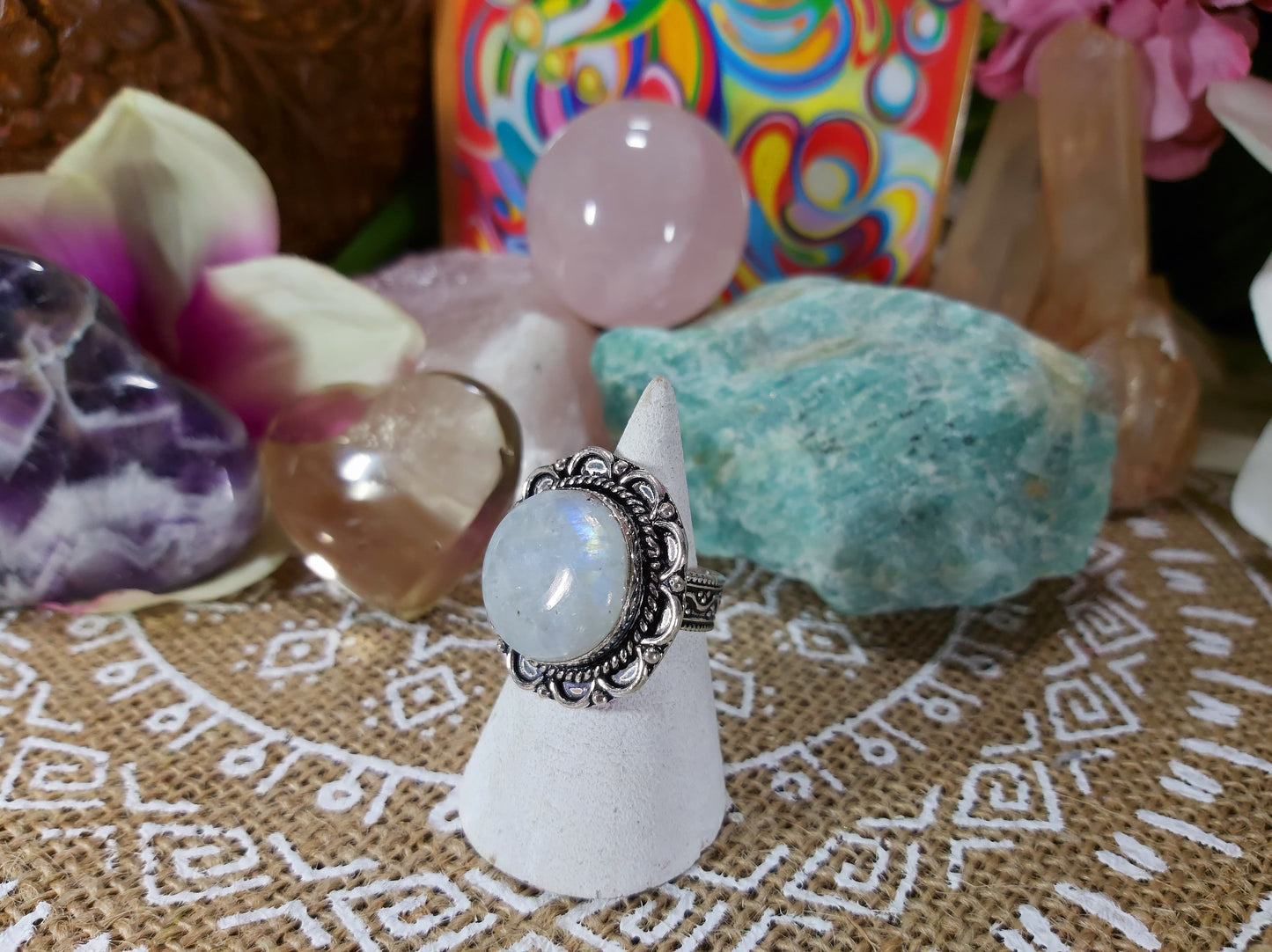 Rainbow Moonstone Ring Size US 8.5 (E450)