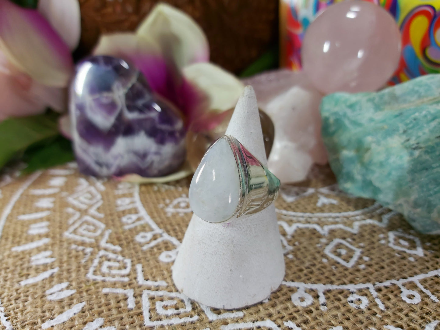 Rainbow Moonstone Ring Size US 8.5 (E451)
