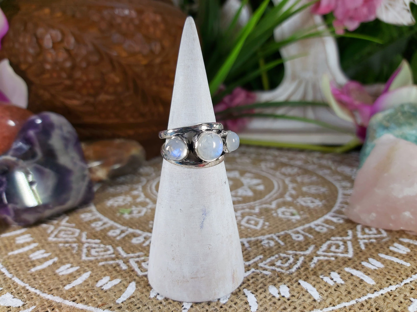 Rainbow Moonstone Goddess Ring Size US 7.5 (E619)