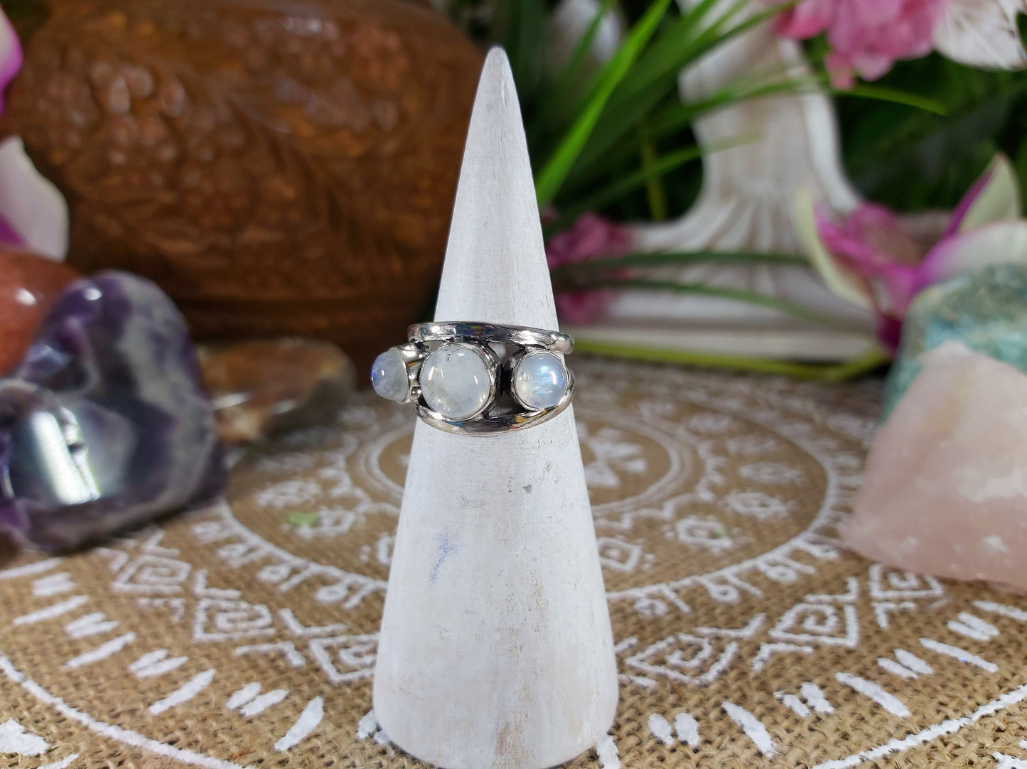 Rainbow Moonstone Goddess Ring Size US 7.5 (E619)