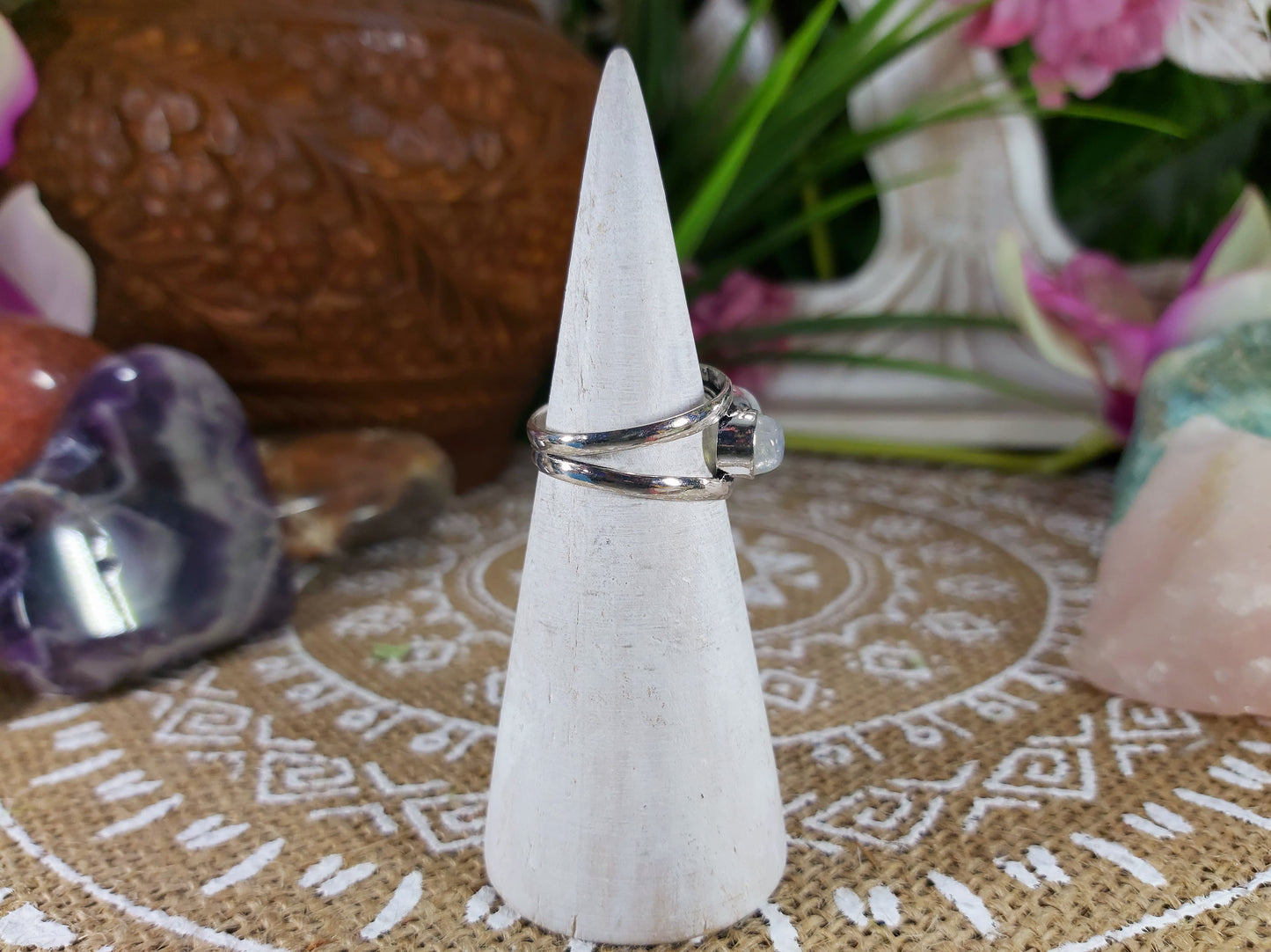 Rainbow Moonstone Goddess Ring Size US 7.5 (E619)