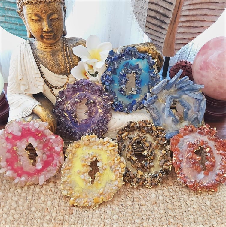 7-Pack Handmade Chakra Crystal Resin Geodes (GEO14)