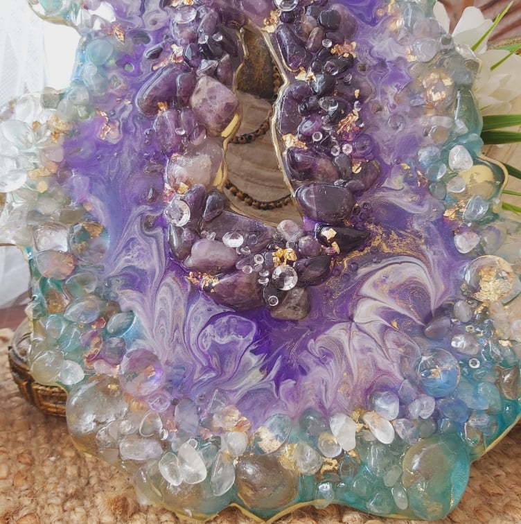 Amethyst & Clear Quartz Gemstone & Resin Geode Decor (GEO2)